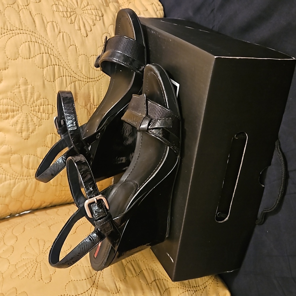 Prada Patten Leather Slingback Wedge Sandals